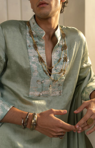 Mint green linen silk kurta set with dupatta