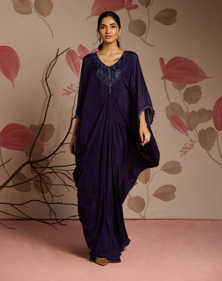 Midnight blue embellished draped full-length kaftan