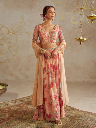 Beige Georgette Printed Lehenga Set by Chhavvi Aggarwal available on Indiaspopup.com