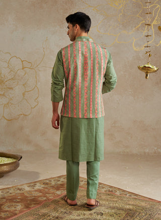 Sage Green Printed Bundi Jacket And Kurta Set by Chhavvi Aggarwal Men available on Indiaspopup.com