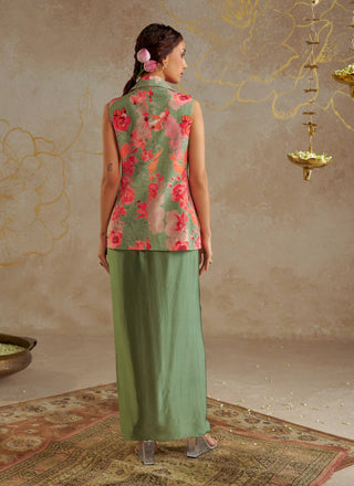 Sage Green Printed Jacket And Skirt Set by Chhavvi Aggarwal available on Indiaspopup.com