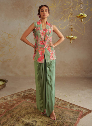 Sage Green Printed Jacket And Skirt Set by Chhavvi Aggarwal available on Indiaspopup.com