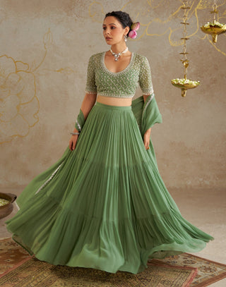 Jade Tiered Lehenga Set by Chhavvi Aggarwal available on Indiaspopup.com