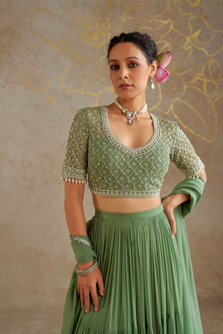 Jade Tiered Lehenga Set by Chhavvi Aggarwal available on Indiaspopup.com