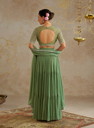 Jade Tiered Lehenga Set by Chhavvi Aggarwal available on Indiaspopup.com