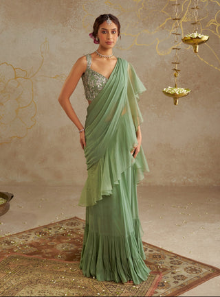 Jade Pre- Draped Frill Sari And Blouse by Chhavvi Aggarwal available on Indiaspopup.com