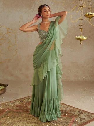 Jade Pre- Draped Frill Sari And Blouse by Chhavvi Aggarwal available on Indiaspopup.com