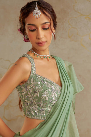 Jade Pre- Draped Frill Sari And Blouse by Chhavvi Aggarwal available on Indiaspopup.com