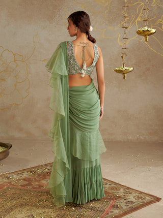 Jade Pre- Draped Frill Sari And Blouse by Chhavvi Aggarwal available on Indiaspopup.com