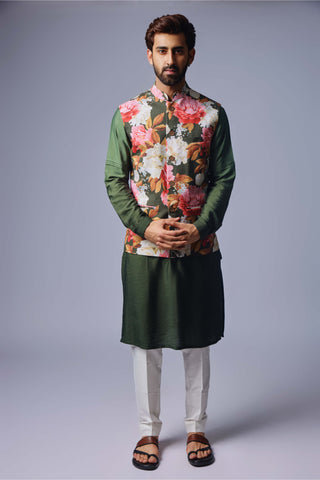 Chatenya Mittal-Green Floral Nehru Jacket Set-INDIASPOPUP.COM