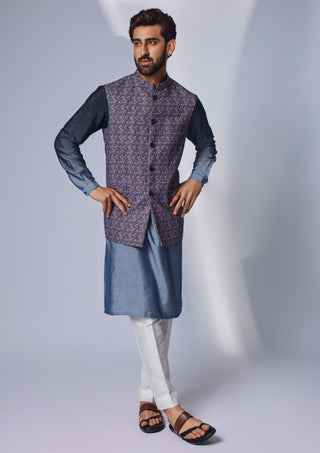 Chatenya Mittal-Grey Print Linen Nehru Jacket Set-INDIASPOPUP.COM