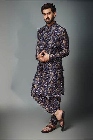 Chatenya Mittal-Blue Floral Print Kurta Bundi Set-INDIASPOPUP.COM