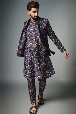 Chatenya Mittal-Blue Floral Print Kurta Bundi Set-INDIASPOPUP.COM