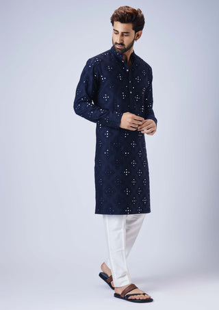 Chatenya Mittal-Navy Blue Mirror Kurta And Pants-INDIASPOPUP.COM