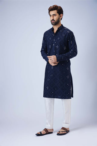 Chatenya Mittal-Navy Blue Mirror Kurta And Pants-INDIASPOPUP.COM