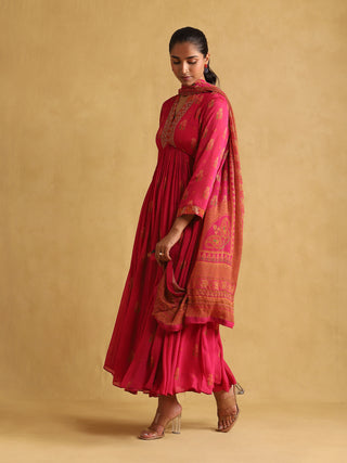 Ritu Kumar-Pink & Orange Floral Chinon Kurta Set-INDIASPOPUP.COM