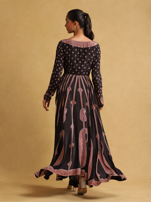 Black printed crepe anarkali set