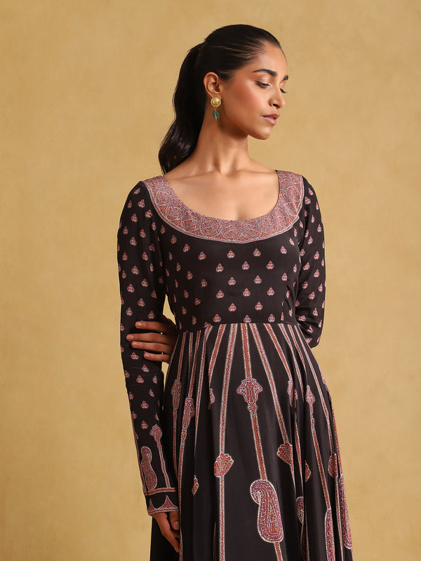 Black printed crepe anarkali set