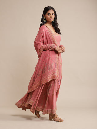 Ritu Kumar-Pink Printed Crepe Anarkali Set-INDIASPOPUP.COM