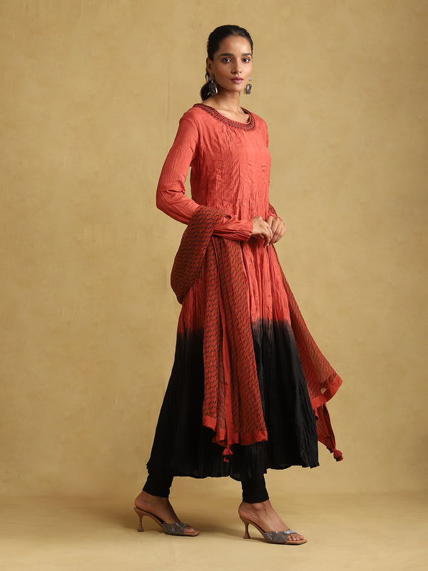 Rust ombre viscose silk kurta set