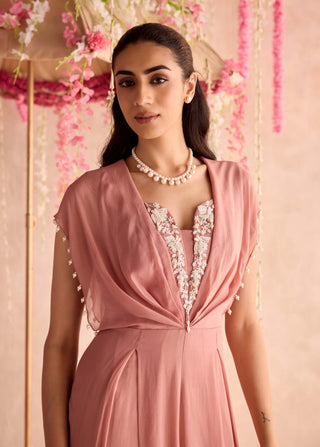 Champagne embellished full-length pleated jumpsuit