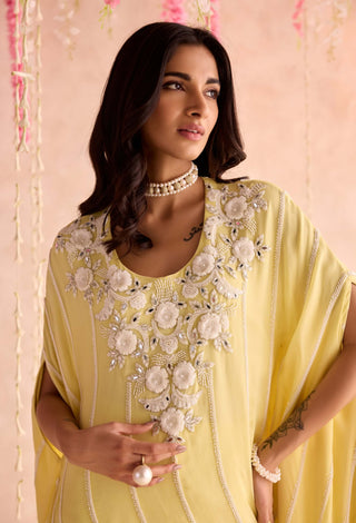 Lemon yellow embellished kaftan top and pants