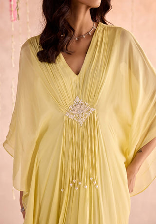 Lemon yellow embellished full-length draped kaftan