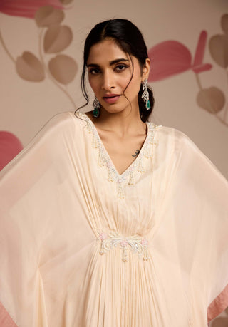 Ivory embellished draped full-length kaftan
