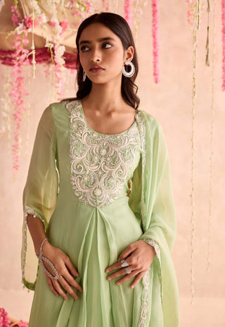 Mint green embellished pleated kurta and salwar set