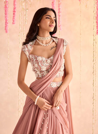 Champagne choli and lehenga with attached dupatta