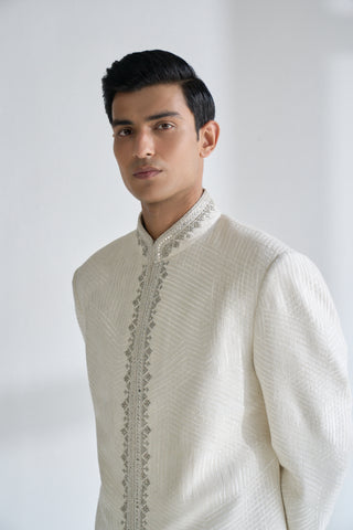 Ivory metal embroidered lace sherwani set