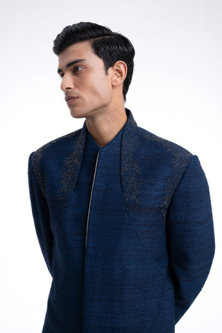 Navy high neck embroidered sherwani set