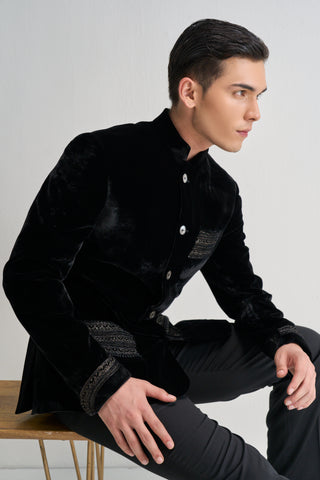 Black embroidered velvet bandhgala set
