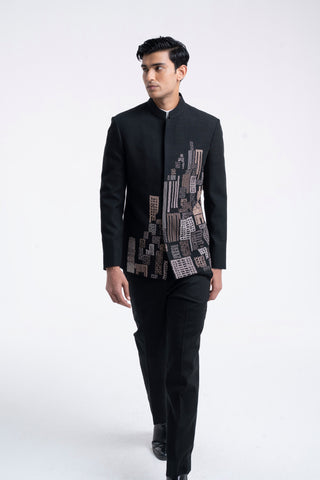 Black thread embroidered bandhgala set