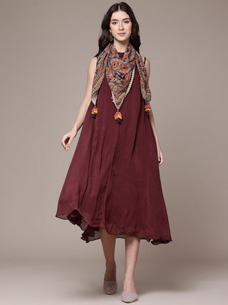 Wine solid sleeveless dress with scarf