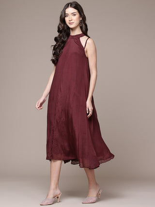 Wine solid sleeveless dress with scarf