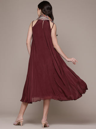 Wine solid sleeveless dress with scarf