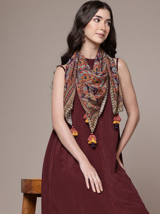 Wine solid sleeveless dress with scarf