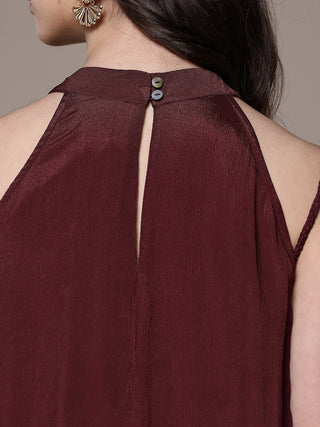 Wine solid sleeveless dress with scarf