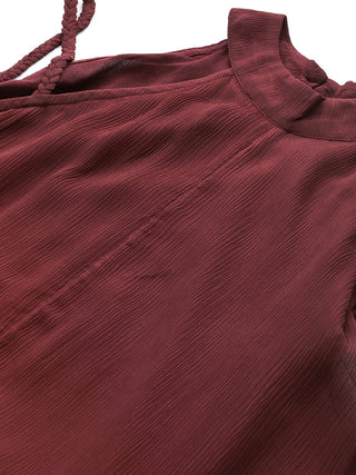 Wine solid sleeveless dress with scarf