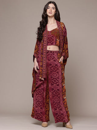 Fuschia floral cape with bustier and pant