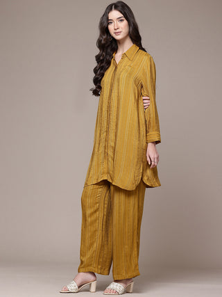 Yellow solid full sleeve shirt with palazzo