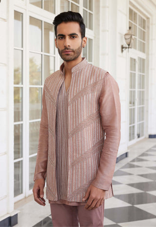 Charu & Vasundhara Men-Solan Pink Bundi Kurta Set-INDIASPOPUP.COM