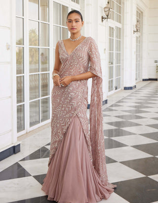 Charu & Vasundhara-Sithara Salmon Pink Lehenga Sari And Blouse-INDIASPOPUP.COM