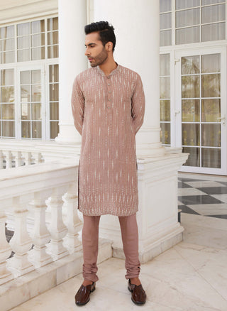 Charu & Vasundhara Men-Shane Salmon Pink Kurta And Churidar-INDIASPOPUP.COM