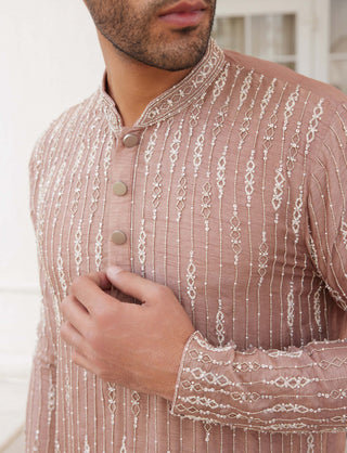 Charu & Vasundhara Men-Shane Salmon Pink Kurta And Churidar-INDIASPOPUP.COM