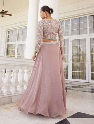 Charu & Vasundhara-Skye Salmon Pink Embellished Lehenga Set-INDIASPOPUP.COM