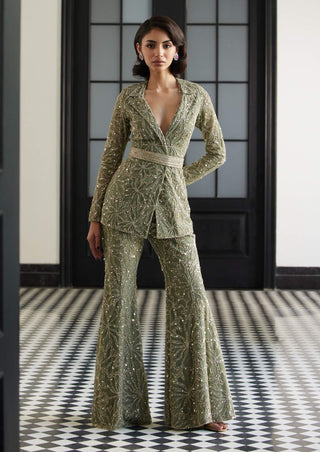 Fleur Sage Green Blazer And Pant Set by Charu & Vasundhara available on Indiaspopup