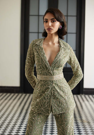 Fleur Sage Green Blazer And Pant Set by Charu & Vasundhara available on Indiaspopup