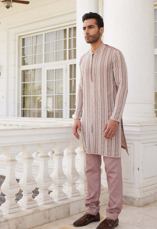 Charu & Vasundhara Men-Sevyn Salmon Pink Kurta And Churidar-INDIASPOPUP.COM